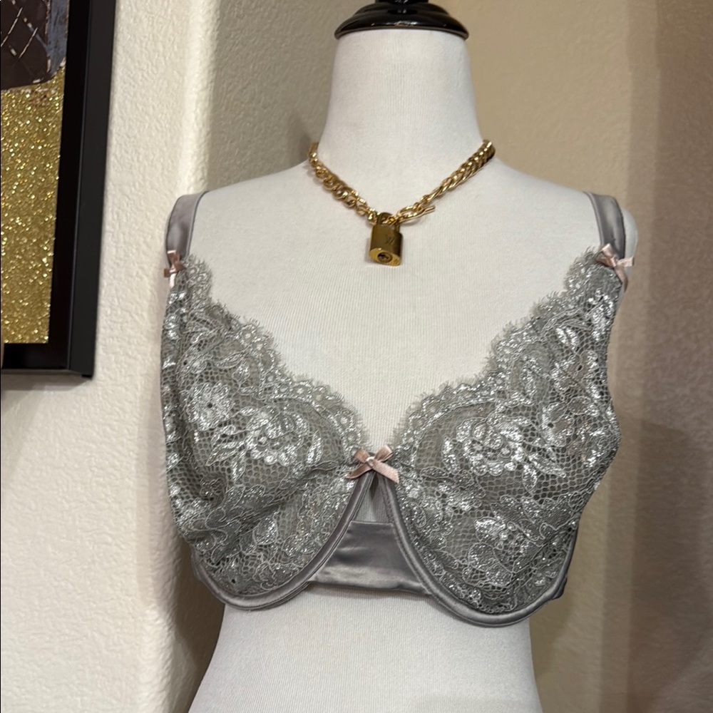 Cacique Silver Lace Underwire Bra with Pink Bows